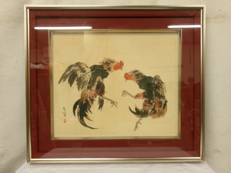 E3081 望月青鳳 2 双軍鶏図 肉筆絹本 F8小 額装(花鳥、鳥獣 E3081 望月青鳳 2 双軍鶏図 肉筆絹本 F8小 額装(花鳥、鳥獣