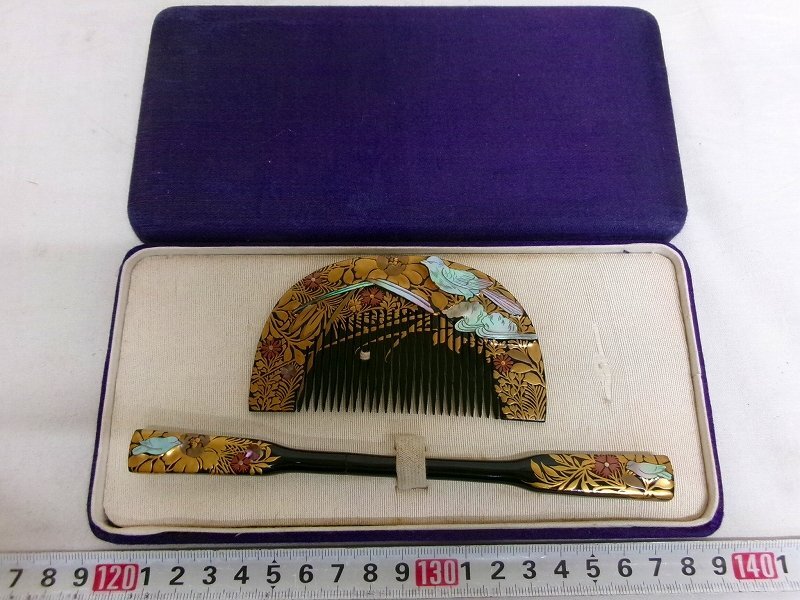 M2834 螺鈿細工 花鳥蒔絵 黒塗 櫛 笄 木製漆器 和装小物 昭和 M2834 螺鈿細工 花鳥蒔絵 黒塗 櫛 笄 木製漆器 和装小物 昭和