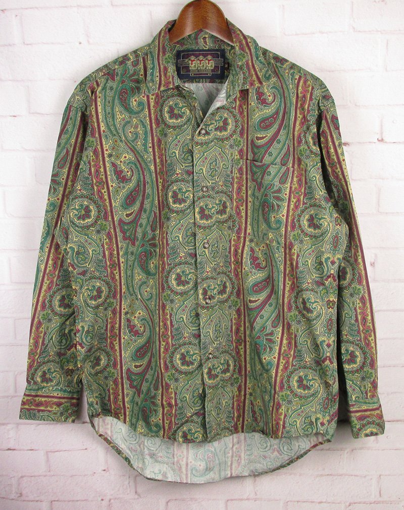80s CHAPS Paisley Pattern Cotton L/S Shirt 青 L チャップス