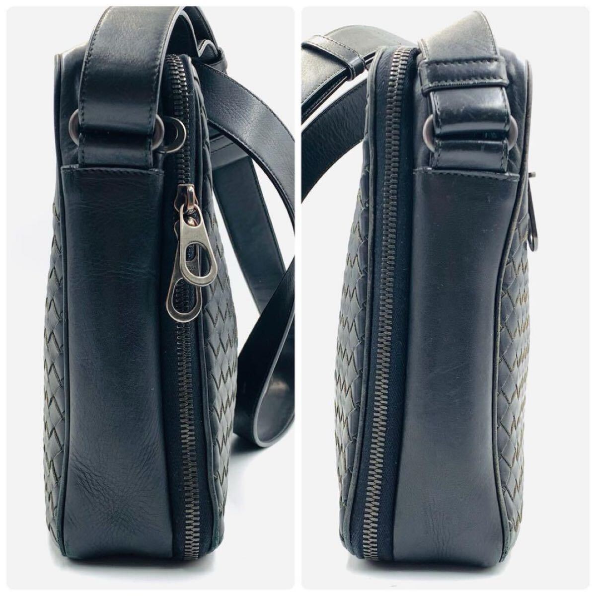 【本物】ボッテガヴェネタ BOTTEGA VENETA クロスボディバッグ ショルダーバッグ 本革レザー 黒ブラック メンズ ビジネス イントレチャート