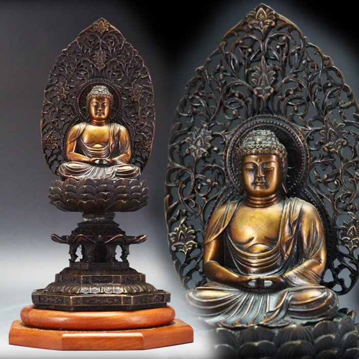 治】唐銅製 阿弥陀如来座像置物☆木製台 台込みの高さ 29.7cm 治】唐銅製 阿弥陀如来座像置物☆木製台 台込みの高さ 29.7cm