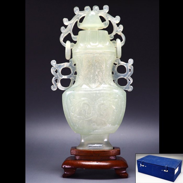 治】中国美術 玉造鐶付香炉☆唐木台付 箱付 台含高さ 21cm 治】中国美術 玉造鐶付香炉☆唐木台付 箱付 台含高さ 21cm