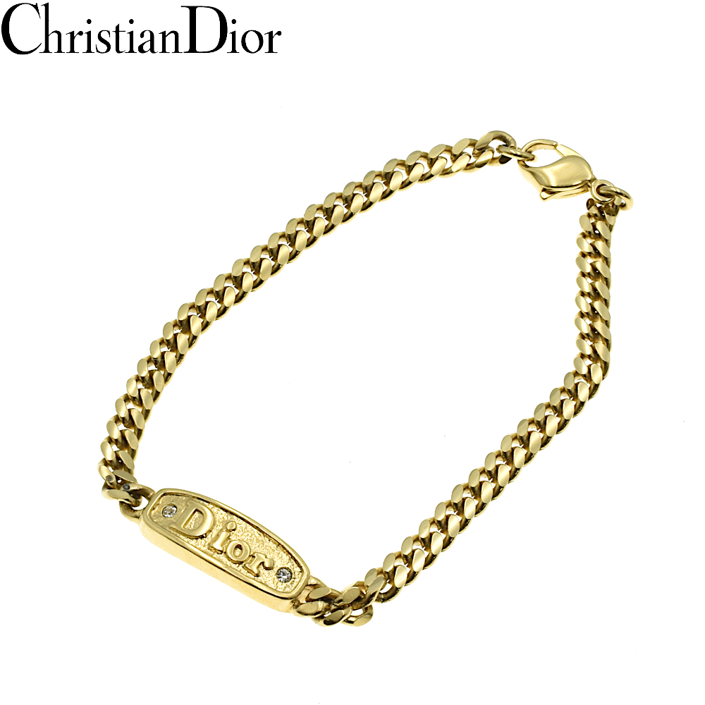 [A02147]Christian Dior Christian Dior 2P стразы Logo plate браслет Gold 