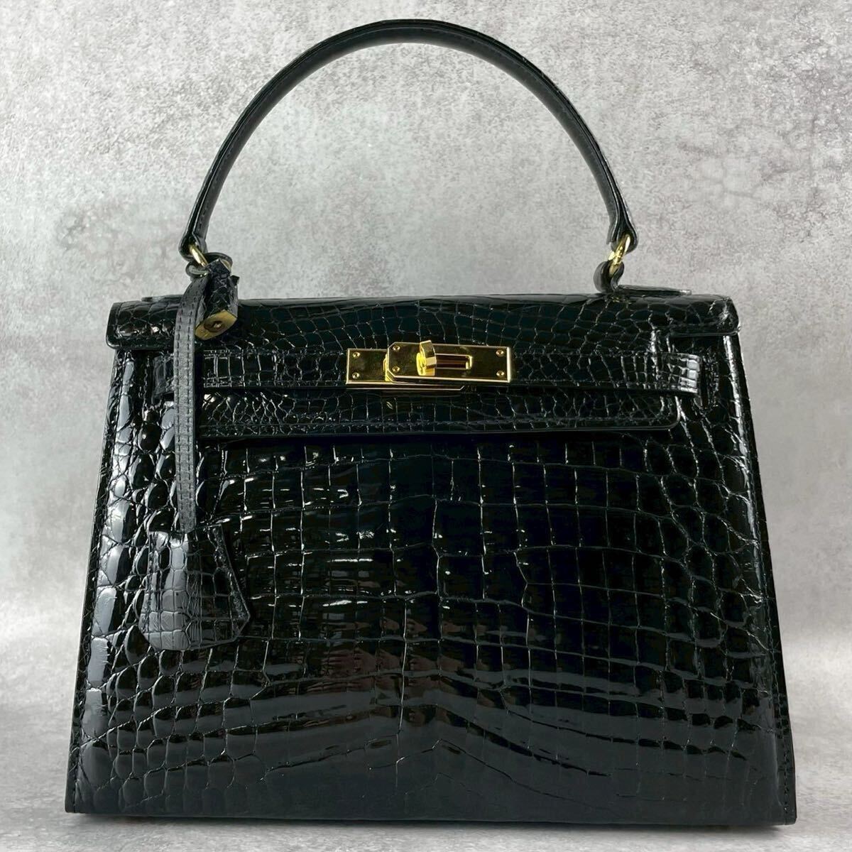 極美品 シャイニングクロコダイル リアル ハンドバッグ センター 極美品 シャイニングクロコダイル リアル ハンドバッグ センター