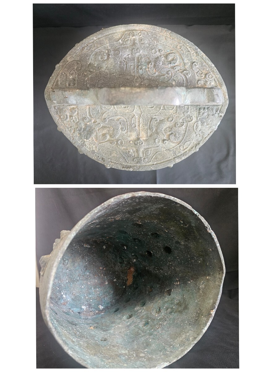 特大 青銅器 銅鐸 青銅鐘 饕餮紋 銘文 約16.5㎏ 高さ約48cm 中国 特大 青銅器 銅鐸 青銅鐘 饕餮紋 銘文 約16.5㎏ 高さ約48cm 中国