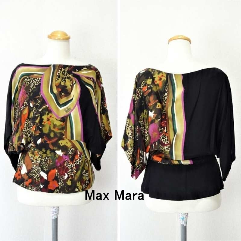 美品【Max Mara | マックスマーラ】七分袖 カットソー スカーフ柄カットソー マルチカラー 豹柄 レオパード S 白タグ