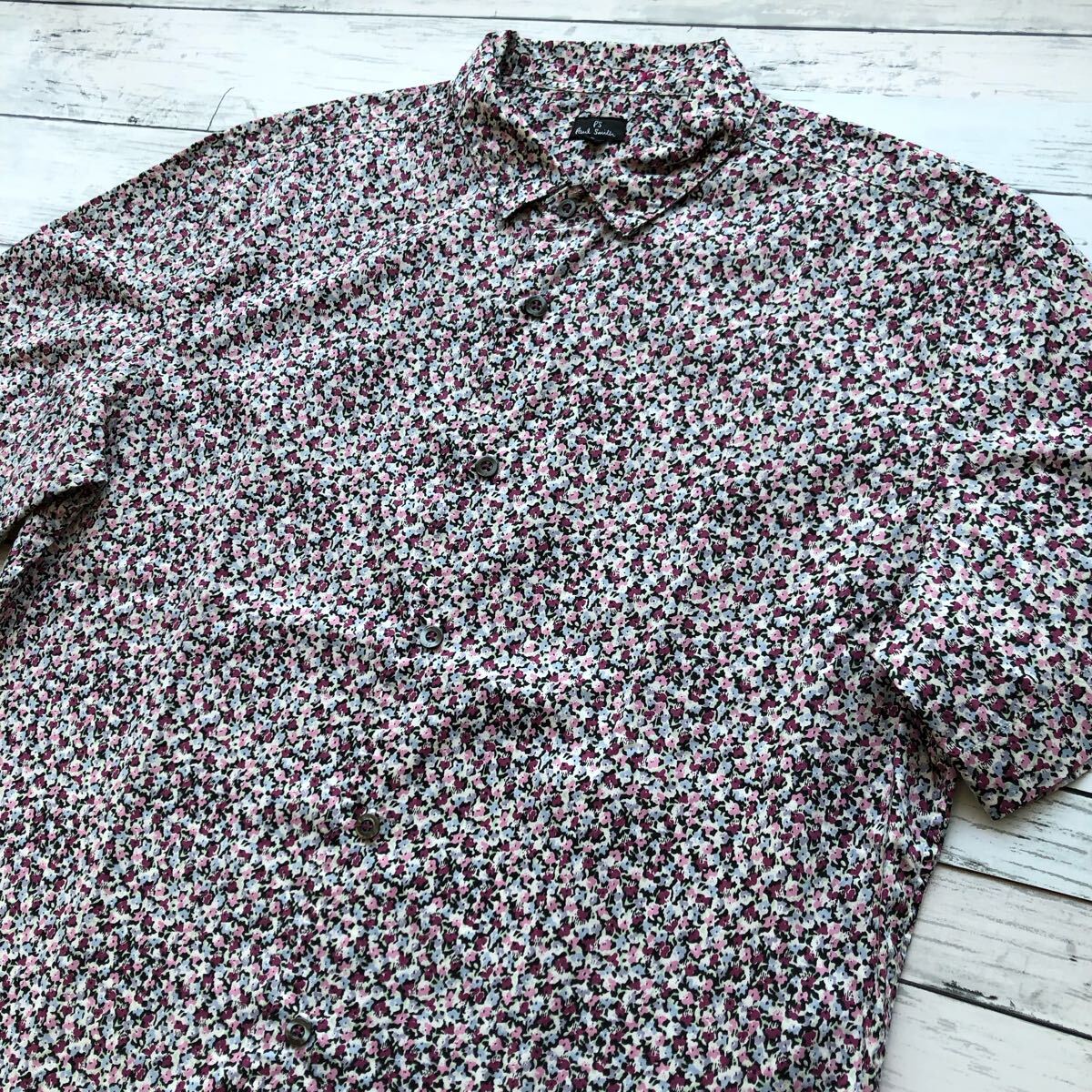 未使用級(jí)L/花柄◆PSポールスミス 半袖シャツ ピンク系 春夏 フラワープリント ボタニカル カジュアル メンズ 爽やか アート PS Paul Smith