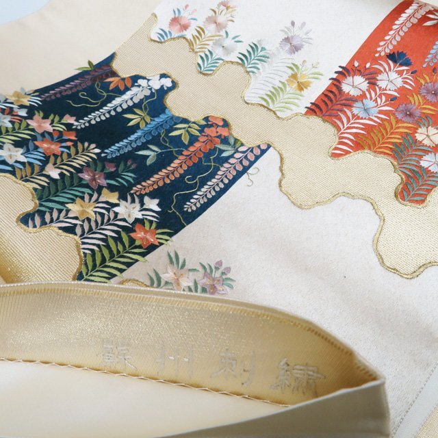 ☆きもの北條☆ 蘇州刺繍 中国刺繍 花の図 お太鼓柄 箔糸 中古