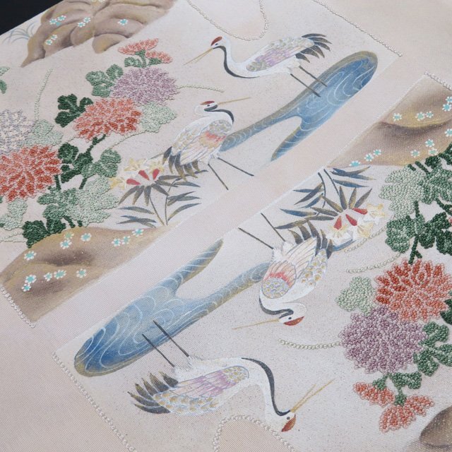 ☆きもの北條☆ 相良刺繍 中国刺繍 花鳥の図 鶴 孔雀 お太鼓柄