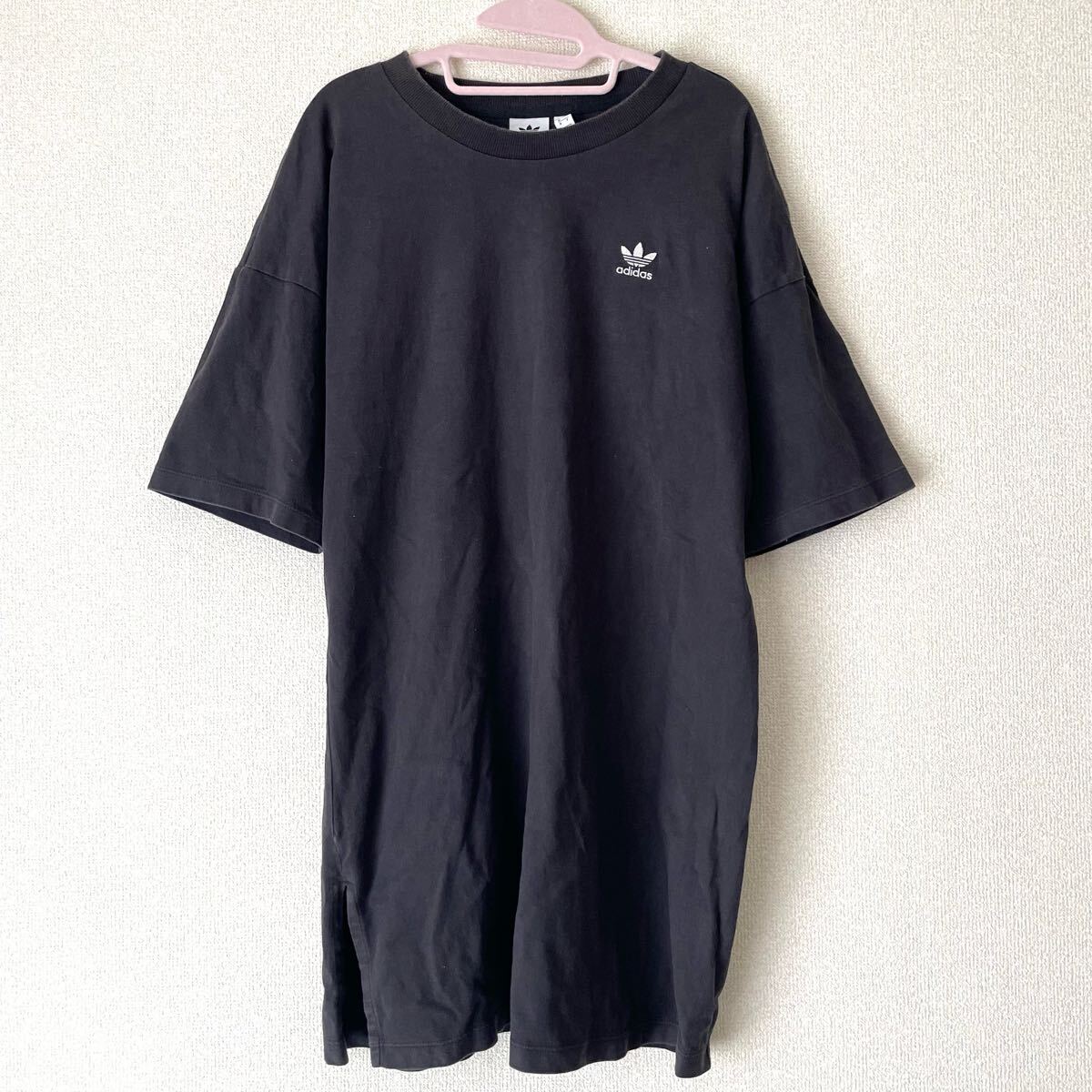 アディダス オリジナルス★ロング Tシャツ 黒 ブラック レディース M★ワンピース チュニック トップス ロゴ トレフォイル 半袖 古着