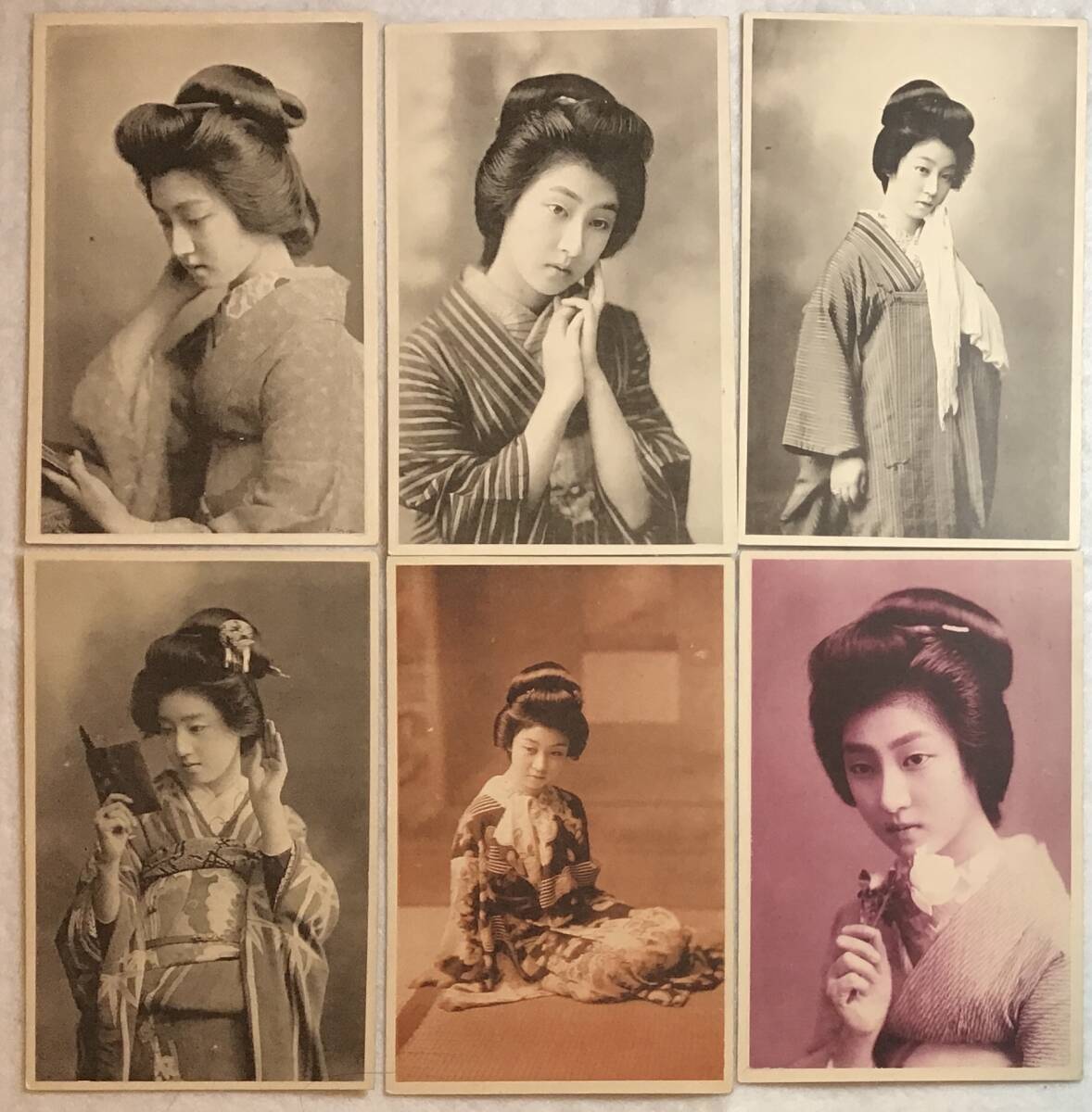 戦前絵葉書【日本髪和装美人】6種 和服. 呉服 丸髷 島田 日本 戦前絵葉書【日本髪和装美人】6種 和服. 呉服 丸髷 島田 日本