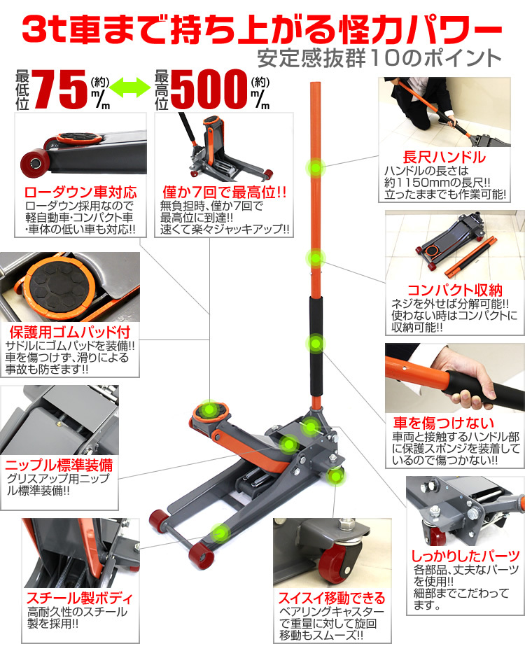 ガレージジャッキ 3t 3トン 低床 フロアジャッキ 3トン ジャッキ 油圧 低床ジャッキ デュアルポンプ式 ローダウン車(chē)対応 最低位75mm 新品