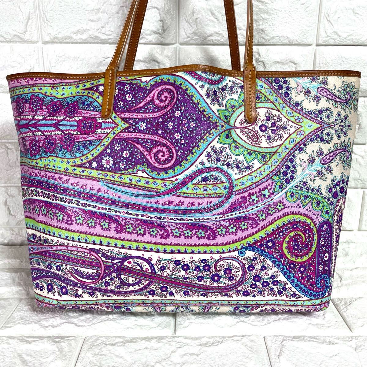 超希少/入手困難◎ エトロ ETRO メンズ A4収納 ビジネス トートバッグ 肩掛け ペイズリー総柄 マルチカラー ブルー 青 PVC レザー 本革