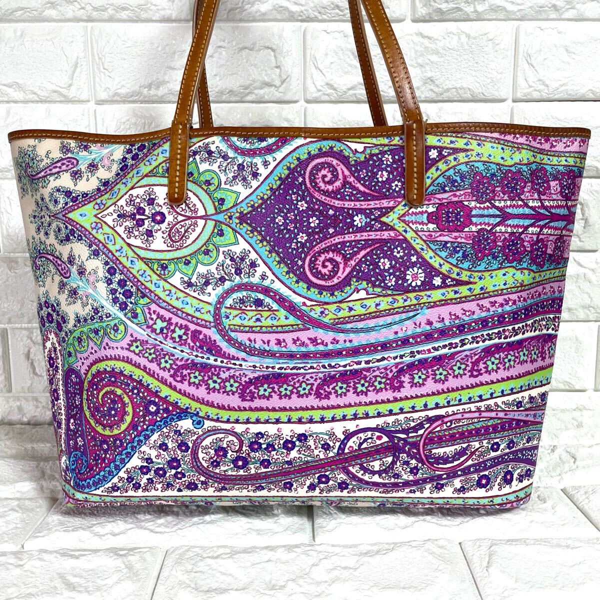 超希少/入手困難◎ エトロ ETRO メンズ A4収納 ビジネス トートバッグ 肩掛け ペイズリー総柄 マルチカラー ブルー 青 PVC レザー 本革