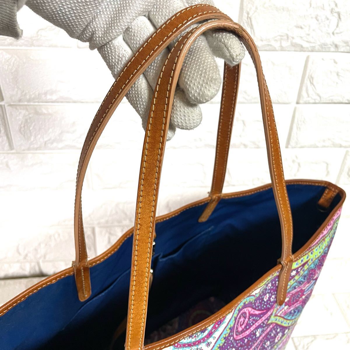 超希少/入手困難◎ エトロ ETRO メンズ A4収納 ビジネス トートバッグ 肩掛け ペイズリー総柄 マルチカラー ブルー 青 PVC レザー 本革