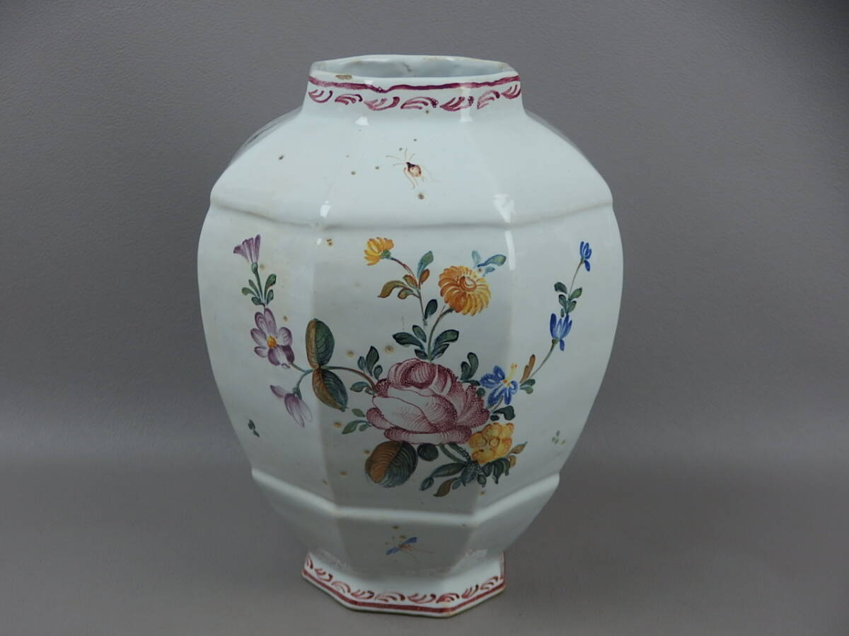 骨董・茶道具】☆古い 阿蘭陀焼?イタリア?色絵花文面取壷 骨董・茶道具】☆古い 阿蘭陀焼?イタリア?色絵花文面取壷