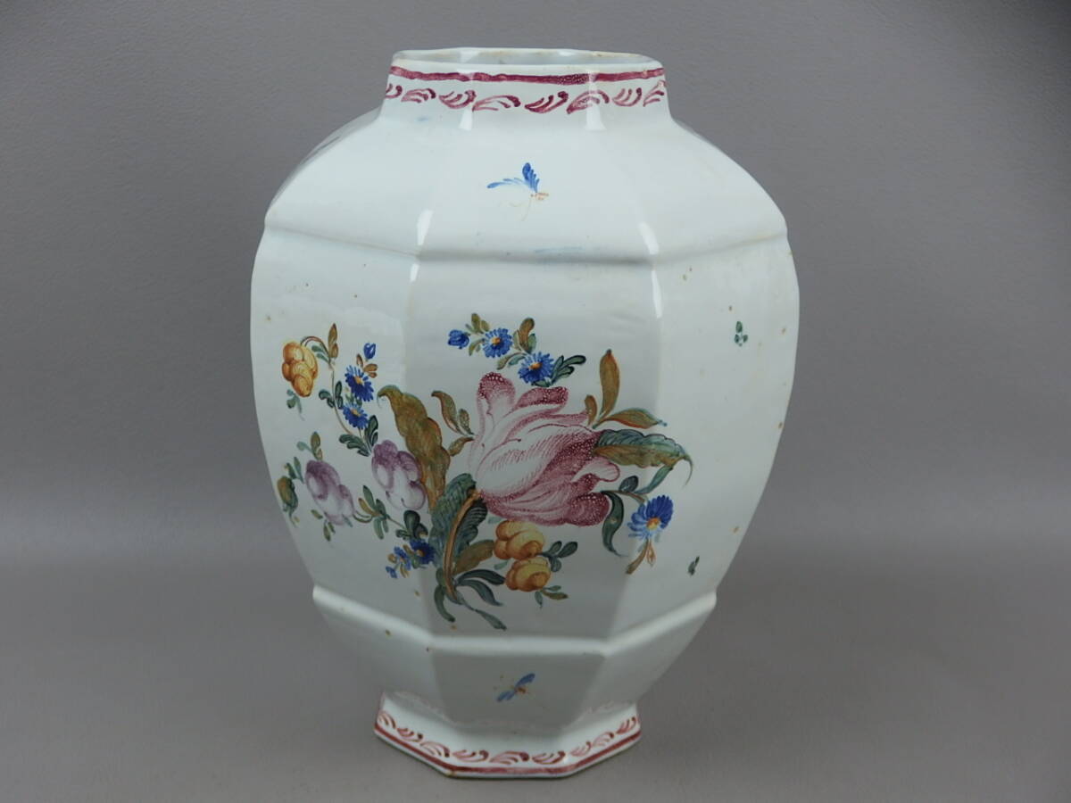 骨董・茶道具】☆古い 阿蘭陀焼?イタリア?色絵花文面取壷 骨董・茶道具】☆古い 阿蘭陀焼?イタリア?色絵花文面取壷