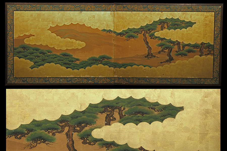 真作】A_VW88 江戸期 総本金箔地 雲中老松林図 肉筆 彩色 二枚 真作】A_VW88 江戸期 総本金箔地 雲中老松林図 肉筆 彩色 二枚