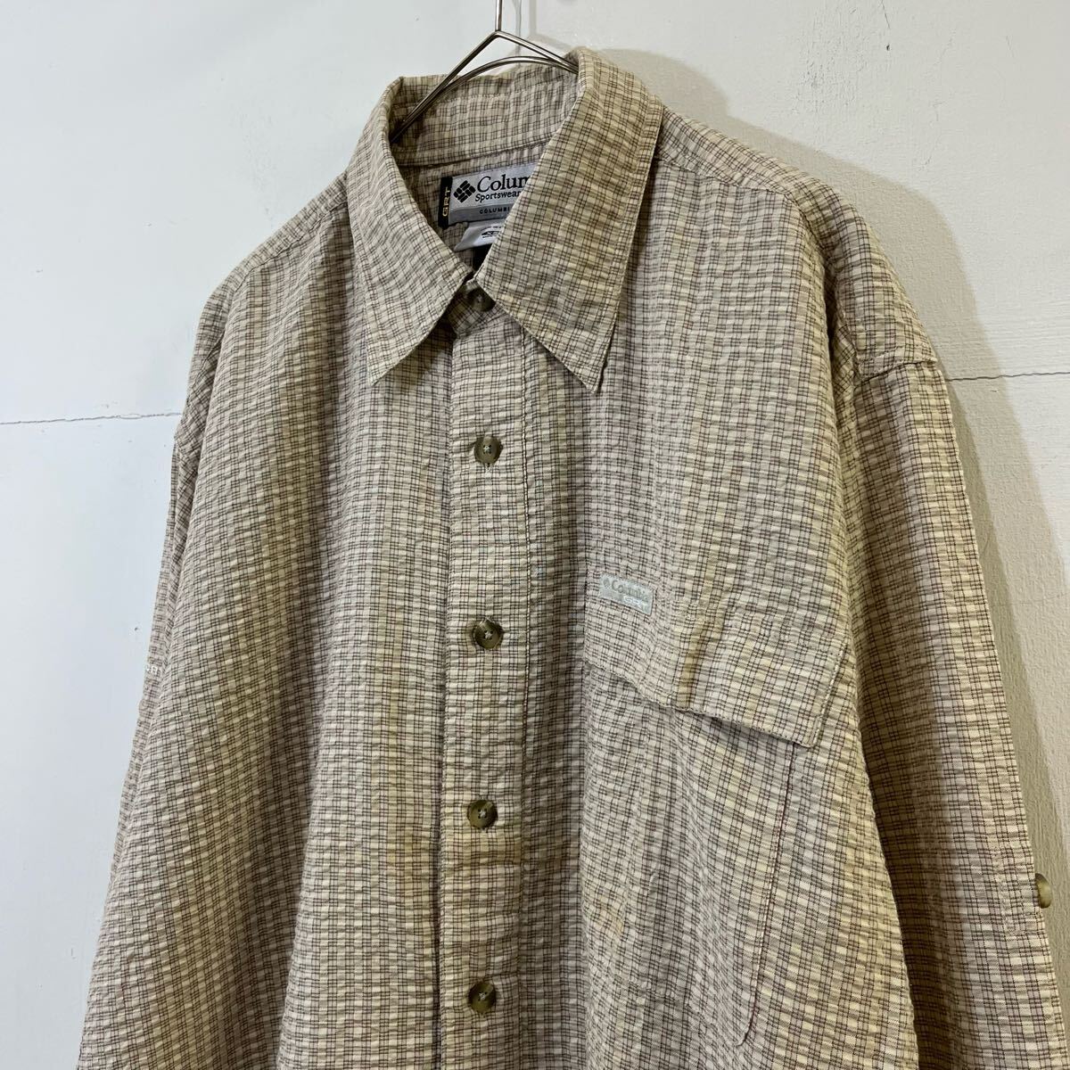 Columbia 総柄シャツ チェックシャツ 長(zhǎng)袖シャツ 刺繍ロゴ ワンポイント シアサッカー生地 希少 コロンビア【レターパックプラス郵送可】V