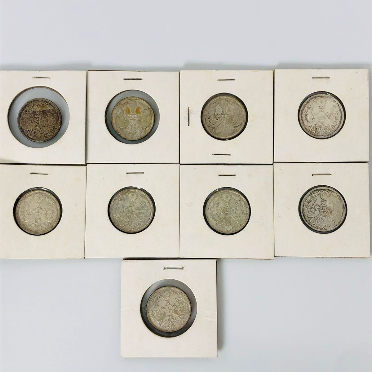 50銭銀貨 9枚 まとめ 鳳凰 旭日 大正 12年 13年 昭和 3年 5年 6 50銭銀貨 9枚 まとめ 鳳凰 旭日 大正 12年 13年 昭和 3年 5年 6