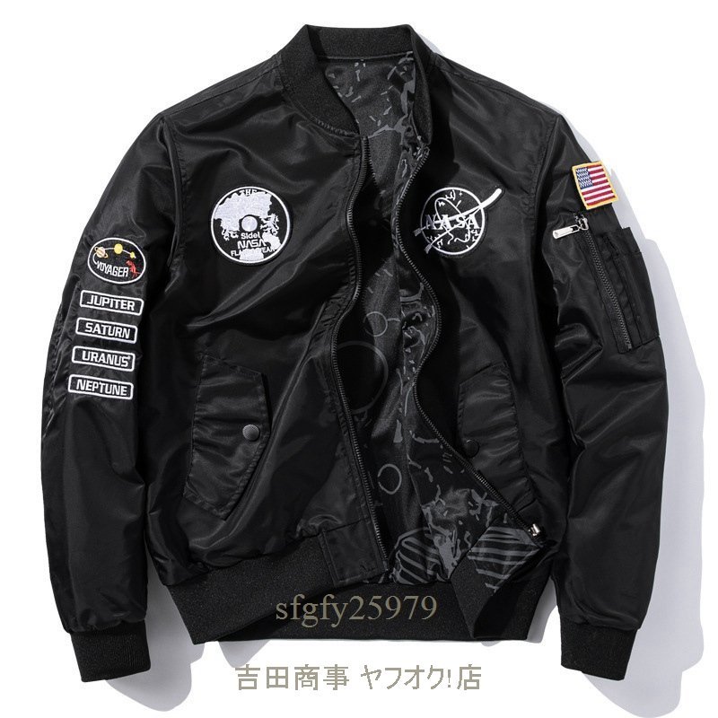 A6725新品春夏フライトジャケット メンズスタジャン 両面着 ワッペン 紳士 野球服ゆったり ブルゾン アウトドア アメカジ 黒 M~3XL_画像1