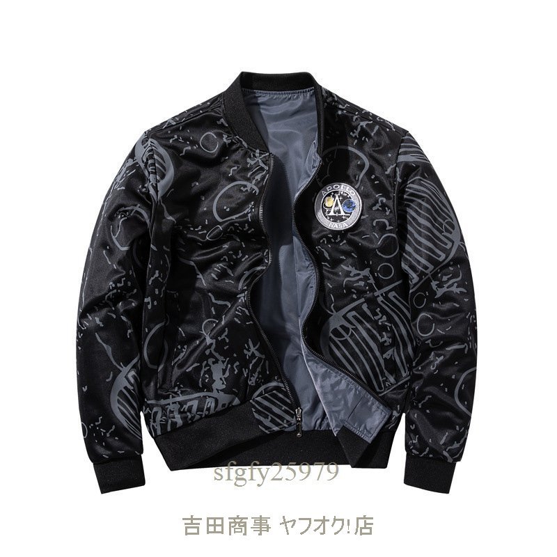 A6725新品春夏フライトジャケット メンズスタジャン 両面着 ワッペン 紳士 野球服ゆったり ブルゾン アウトドア アメカジ 黒 M~3XL_画像2