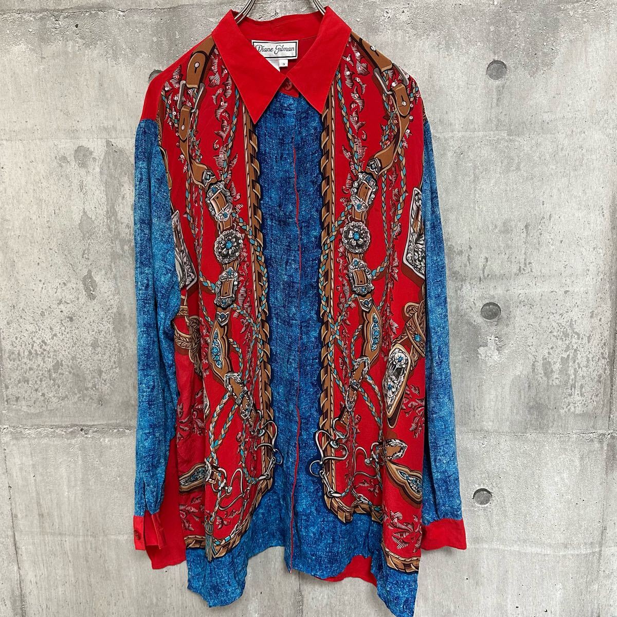 シルクシャツ 総柄 スパンコール 絹 赤 青 90's 00's 古着 柄 シルクシャツ 総柄 スパンコール 絹 赤 青 90's 00's 古着 柄
