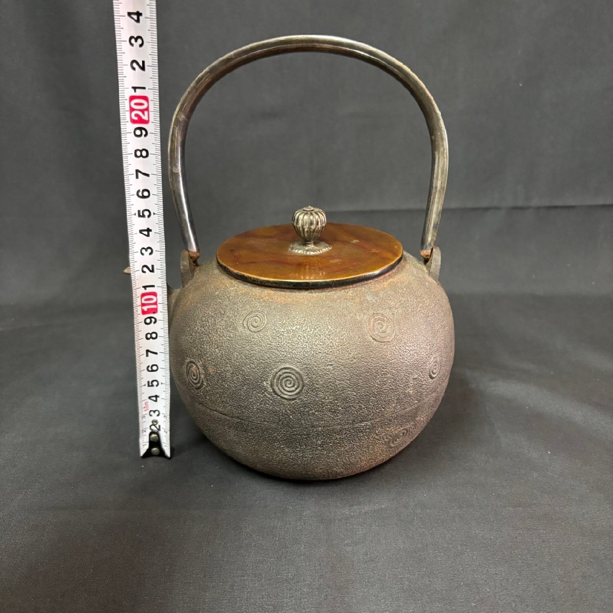 ☆金青堂造 銀粒象嵌提手 銀摘 重厚蓋 渦文 鉄瓶 煎茶道具 茶器
