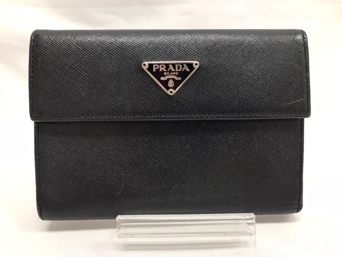 ◇◇PRADA プラダ サフィアーノ レザー 三つ折り財布 ブラック系 ◇◇PRADA プラダ サフィアーノ レザー 三つ折り財布 ブラック系