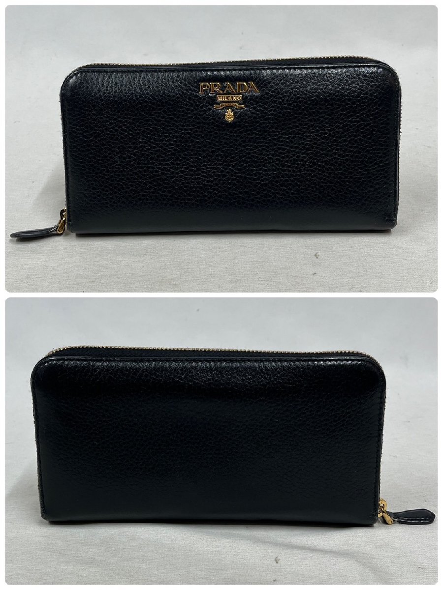 ▽▽プラダ PRADA ラウンドファスナー 長財布 牛革 ブラック系色 ▽▽プラダ PRADA ラウンドファスナー 長財布 牛革 ブラック系色