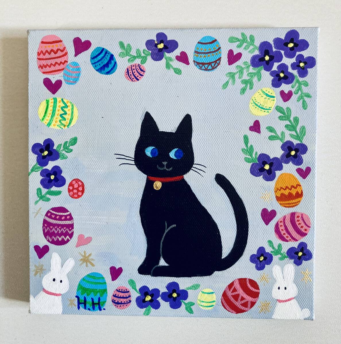 猫の絵 ネコ 黒猫 花 イラスト アクリル画 ハンドメイド 猫の絵 ネコ 黒猫 花 イラスト アクリル画 ハンドメイド