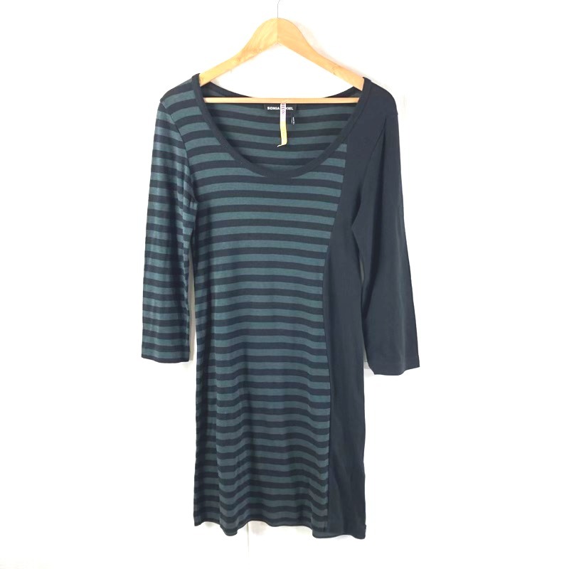 ソニアリキエル SONIA RYKIEL ワンピース 長袖 ボーダー 綿 ウール 深緑 黒系 Mサイズ 944157