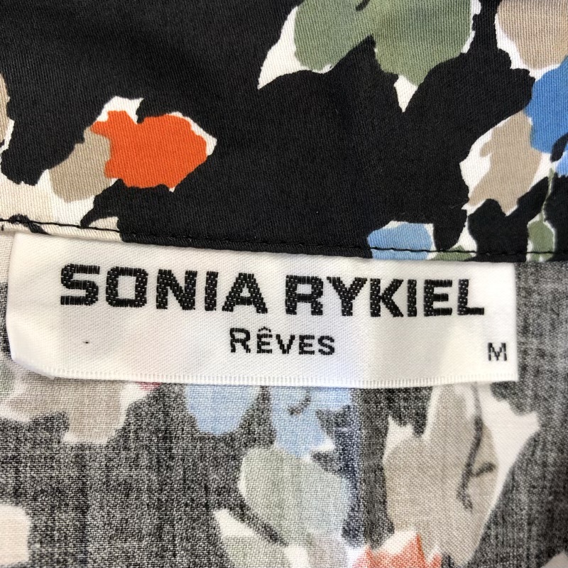 ソニアリキエル SONIA RYKIEL REVES パジャマ セットアップ 長袖 花柄 刺繍 ロゴボタン 綿100％ ポケット 日本制 オレンジ 黒系 Mサイズ 94