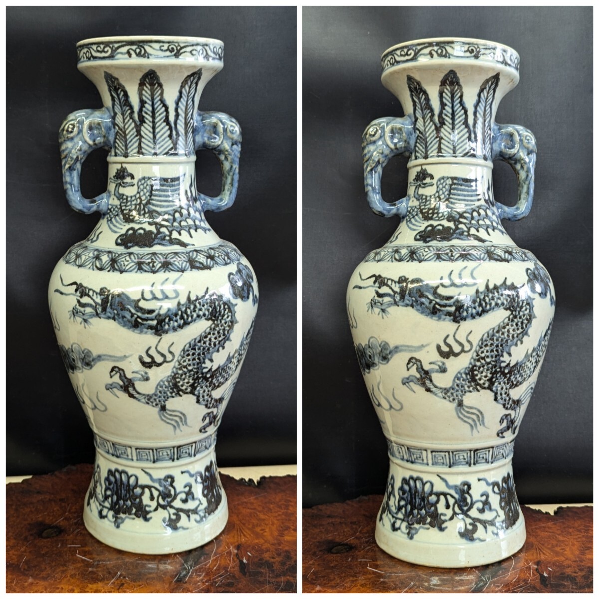中国花瓶 中国古玩 花器 置物 唐物 大壺 龍紋 染付 双耳 獣耳 大 中国花瓶 中国古玩 花器 置物 唐物 大壺 龍紋 染付 双耳 獣耳 大
