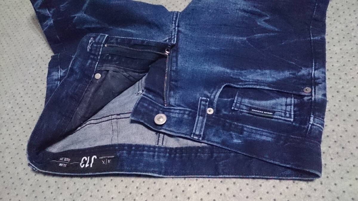ARMANI EXCHANGE アルマーニ J13 SLIM ムラ染 タイダイ インディゴリジッド 硬質 鬼髭 ヒゲ シワ ストレッチ スキニー パンツ 紺28/S/W76_画像4