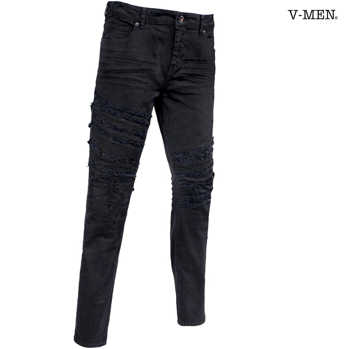 943319-a V-men スキニーパンツ フリンジ切替 ストレッチ 美腳 ダメージデニム 細身 メンズ(ブラック黒) S モード ストリート ジーンズ
