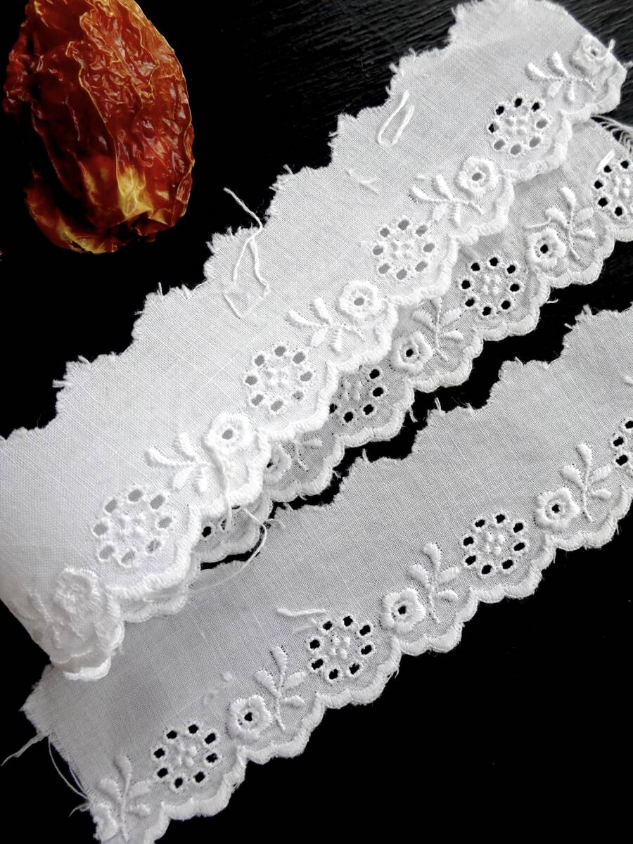 フランス 花レース 2点 刺繍 トリム 綿レース クロッシェ ニードル バ スカラップ 装身具 アンティーク
