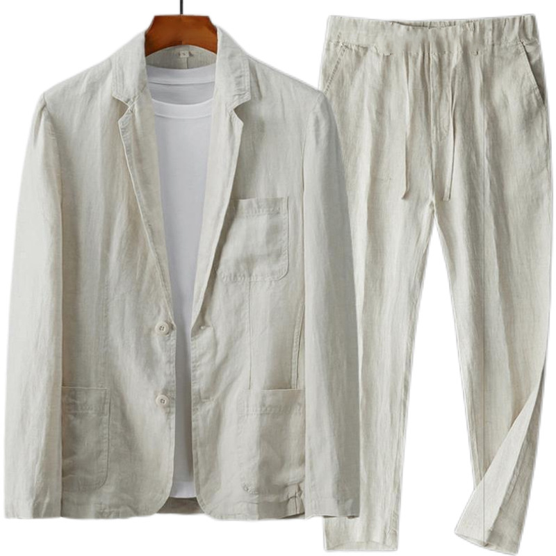  人気品メンズ スーツセット セットアップ テーラードジャケット テーパードパンツ 上下2點セット 綿麻風 スラックス フォーマル L