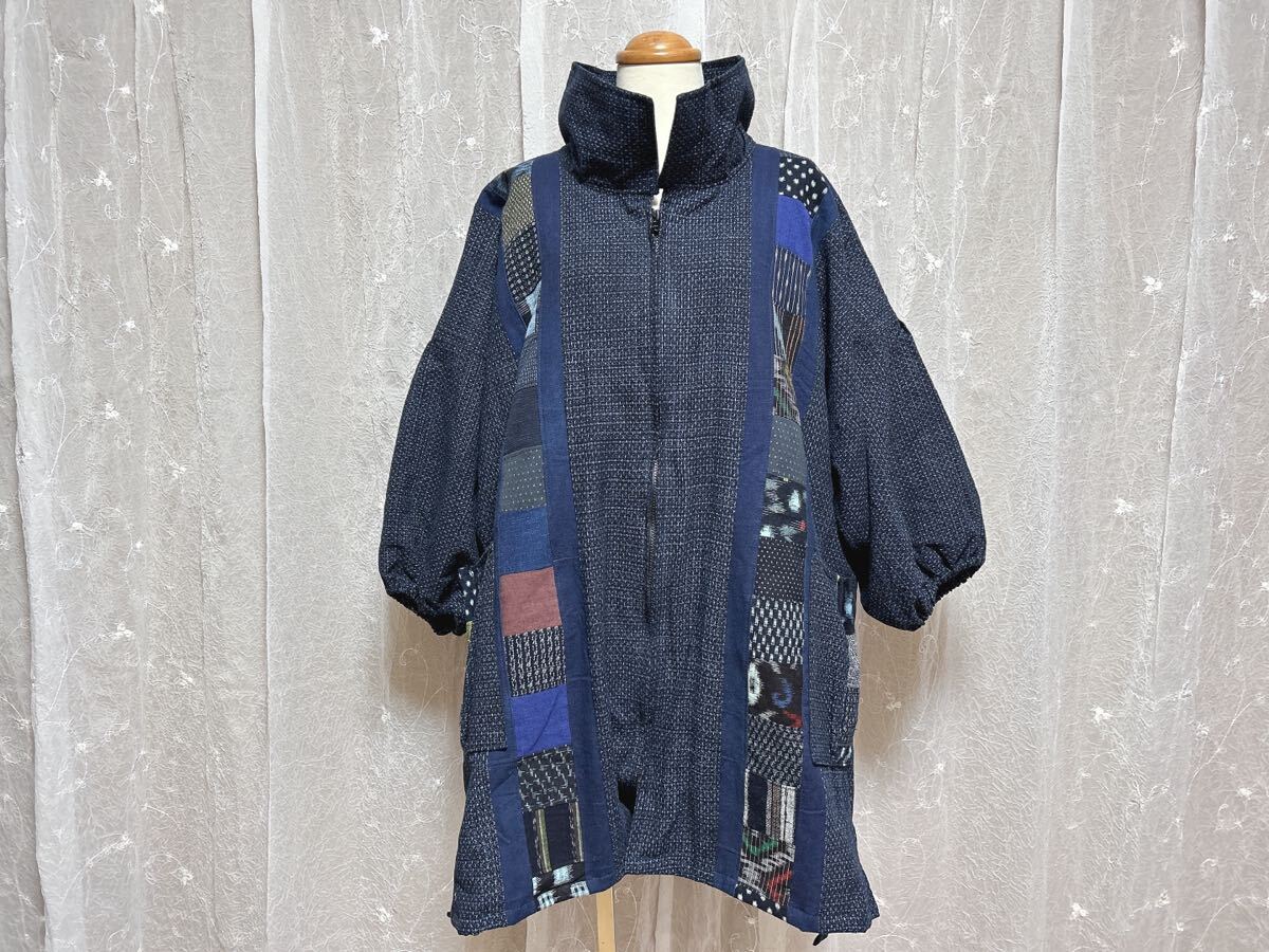 54☆ハンドメイド☆絣著物リメイク☆書(shū)生絣オーバーサイズジャケット☆パッチワーク☆藍(lán)染木綿☆久留米絣☆備后絣☆絵絣☆雪ん子☆大島紬
