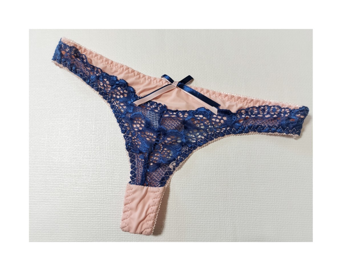 ★新品★ M Tバック ショーツ ピンクベージュ系×ブルー センターレース セクシーランジェリー