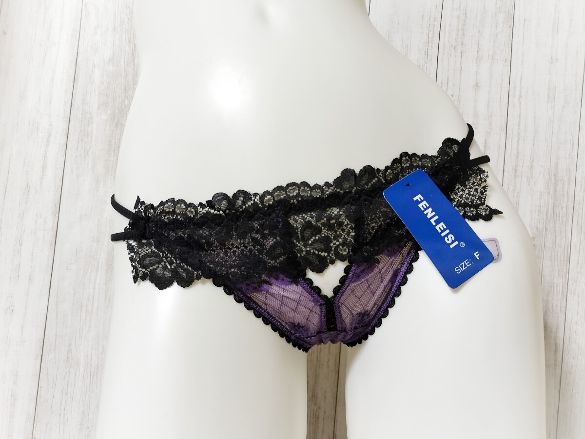 ★新品★ M Tバック ショーツ パープル×ブラック レース いちご ストロベリー 苺 イチゴ セクシーランジェリー シースルー メッシュ