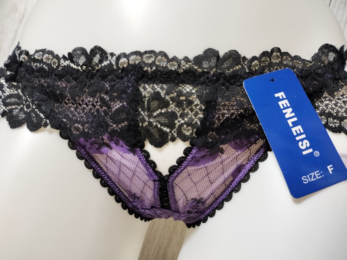 ★新品★ M Tバック ショーツ パープル×ブラック レース いちご ストロベリー 苺 イチゴ セクシーランジェリー シースルー メッシュ