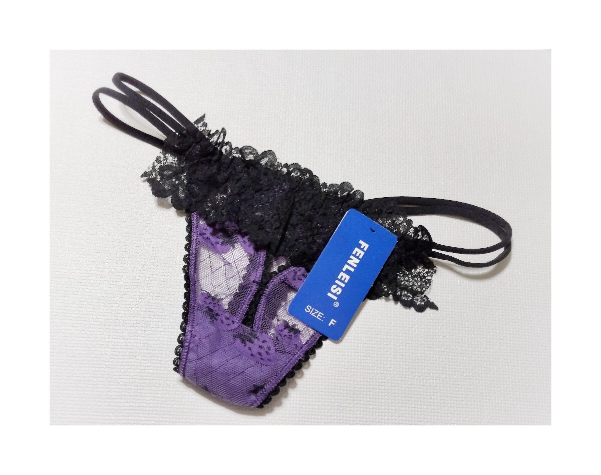 ★新品★ M Tバック ショーツ パープル×ブラック レース いちご ストロベリー 苺 イチゴ セクシーランジェリー シースルー メッシュ
