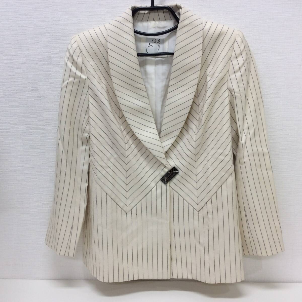 ■1919　HANAE MORI ハナエモリ もりはなえ 森英恵 ジャケット 白 オフホワイト 紺ストライプ レディース 肩パッド有 シミ有 長期保管品
