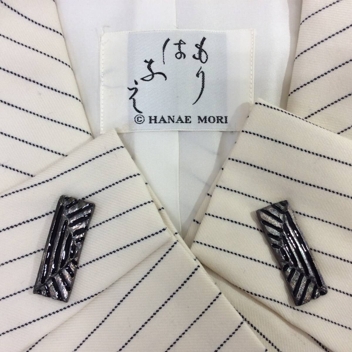 ■1919　HANAE MORI ハナエモリ もりはなえ 森英恵 ジャケット 白 オフホワイト 紺ストライプ レディース 肩パッド有 シミ有 長期保管品