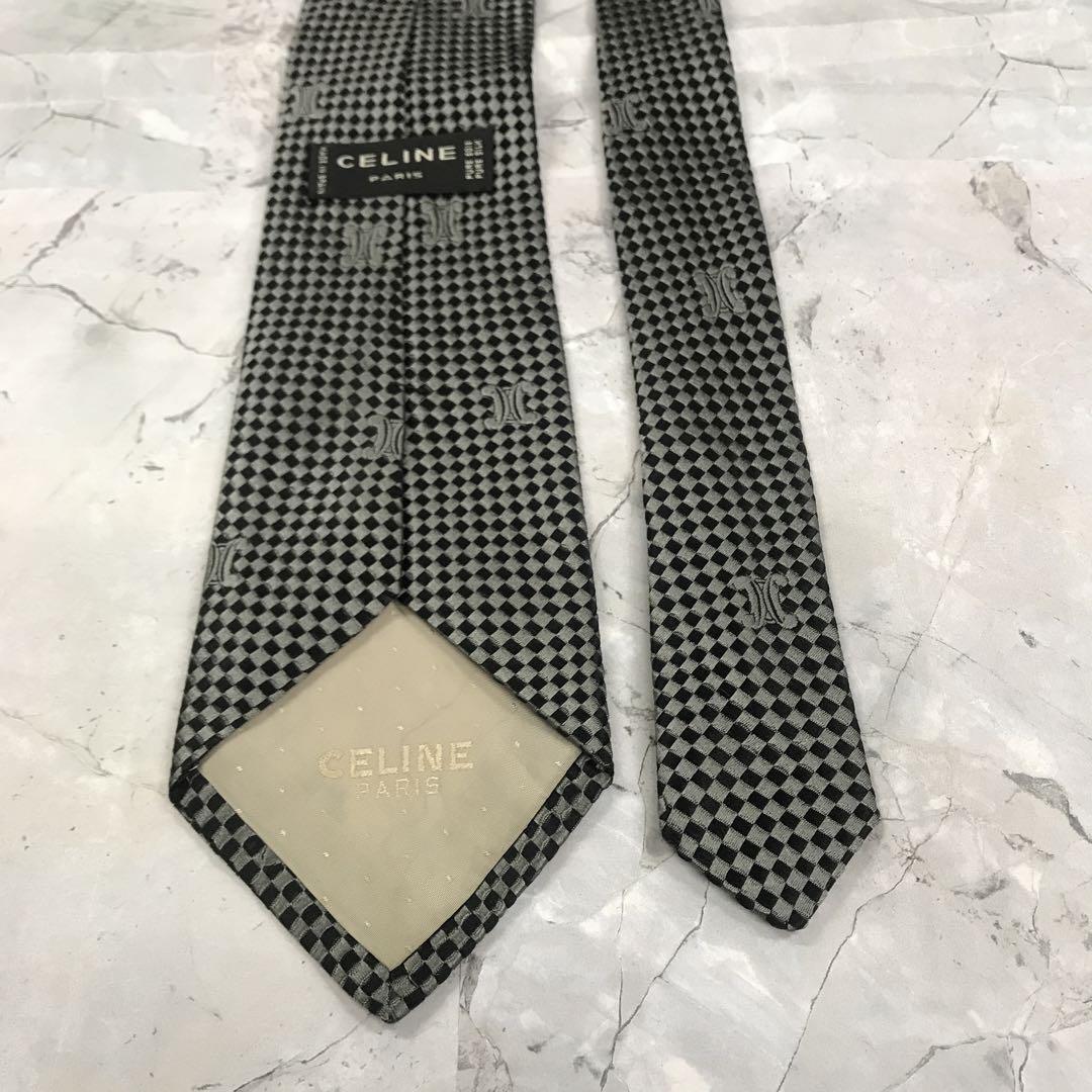 セリーヌ　ネクタイ　黒　灰色　トリオンフ柄　絹　光沢　高級感【n1410】_画像3