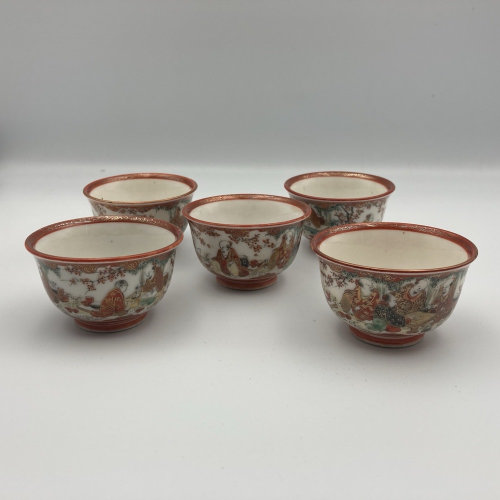 九谷焼赤絵 九谷造 米田画 ぐいみ 煎茶碗 明治器 五客 共箱 骨董 九谷焼赤絵 九谷造 米田画 ぐいみ 煎茶碗 明治器 五客 共箱 骨董