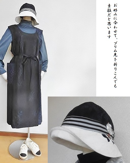 着物リメイク帽子：キャスケット：黒絵羽織り 紅葉刺繍・サイズ