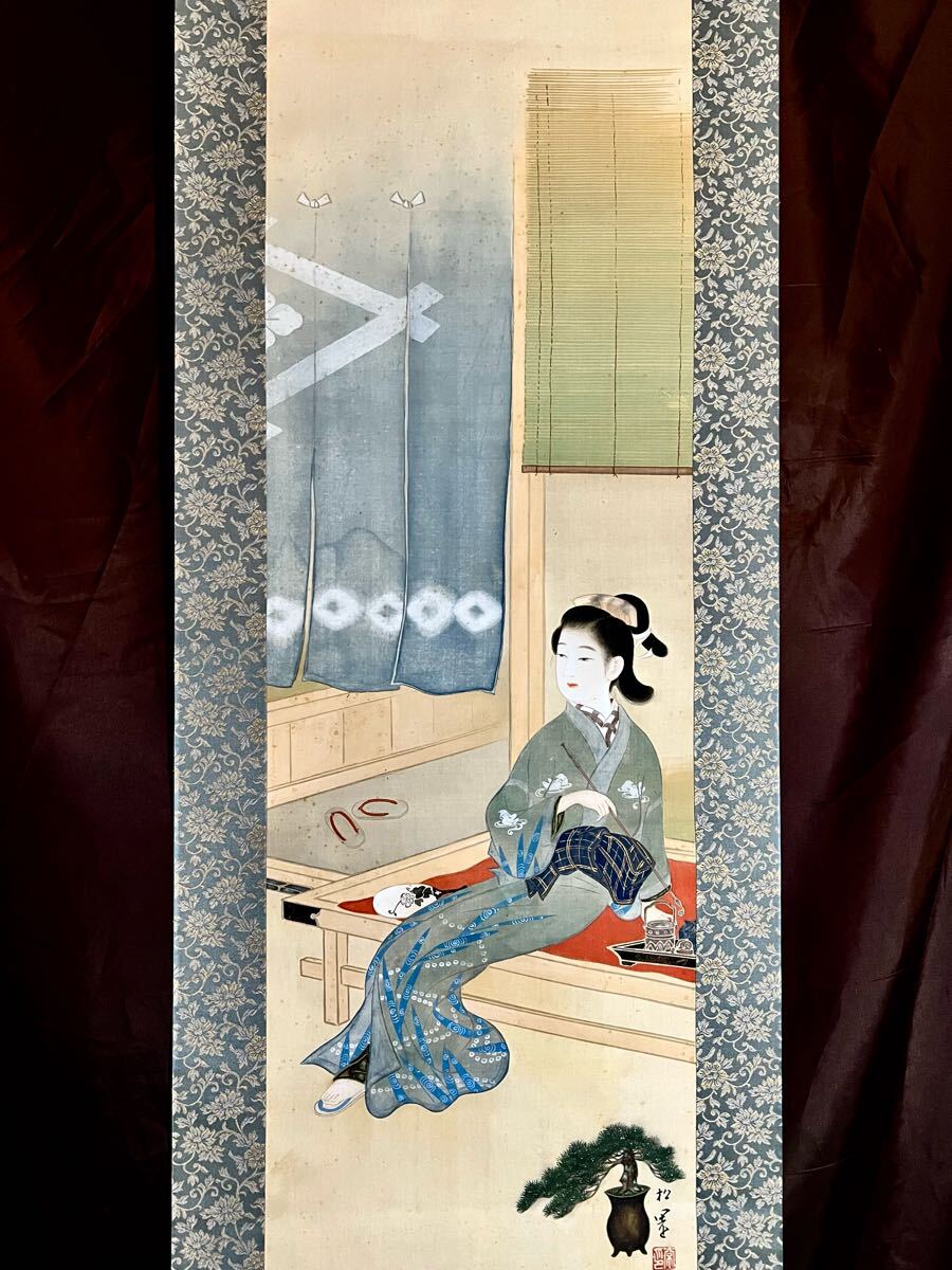 真作】【仙】上村松園「憩ひ」絹本 肉筆 共箱 金泥 浮世絵 美人 真作】【仙】上村松園「憩ひ」絹本 肉筆 共箱 金泥 浮世絵 美人