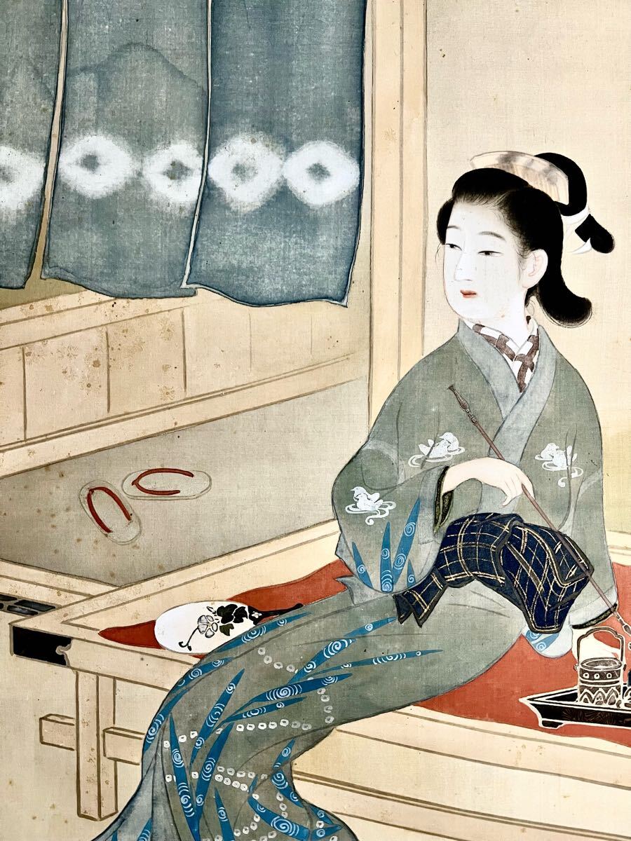 真作】【仙】上村松園「憩ひ」絹本 肉筆 共箱 金泥 浮世絵 美人 真作】【仙】上村松園「憩ひ」絹本 肉筆 共箱 金泥 浮世絵 美人